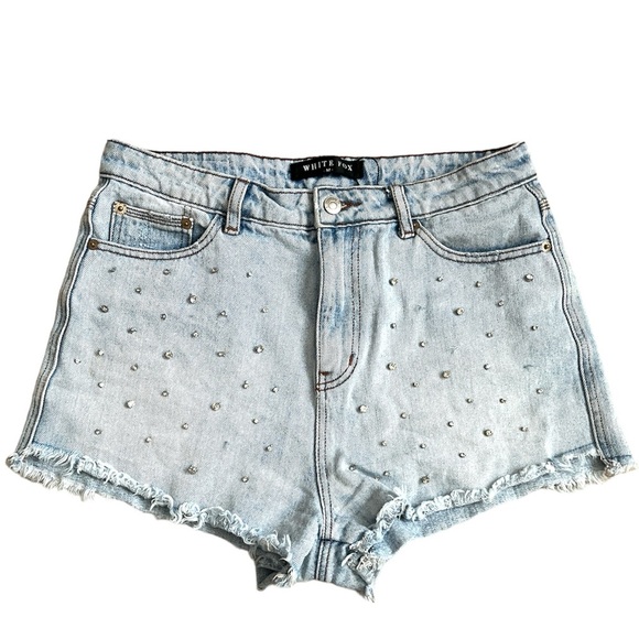 White Fox High Rise Cut Off Jeweled Bedazzled Rhinestone Denim Jean Shorts sz M - Picture 1 of 7